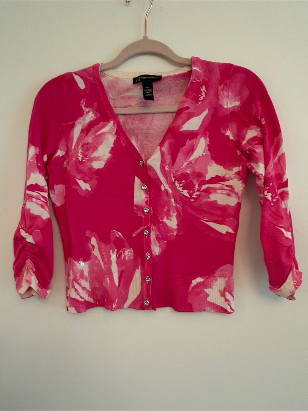 INC International Concepts Hot Pink and White Floral Cardigan